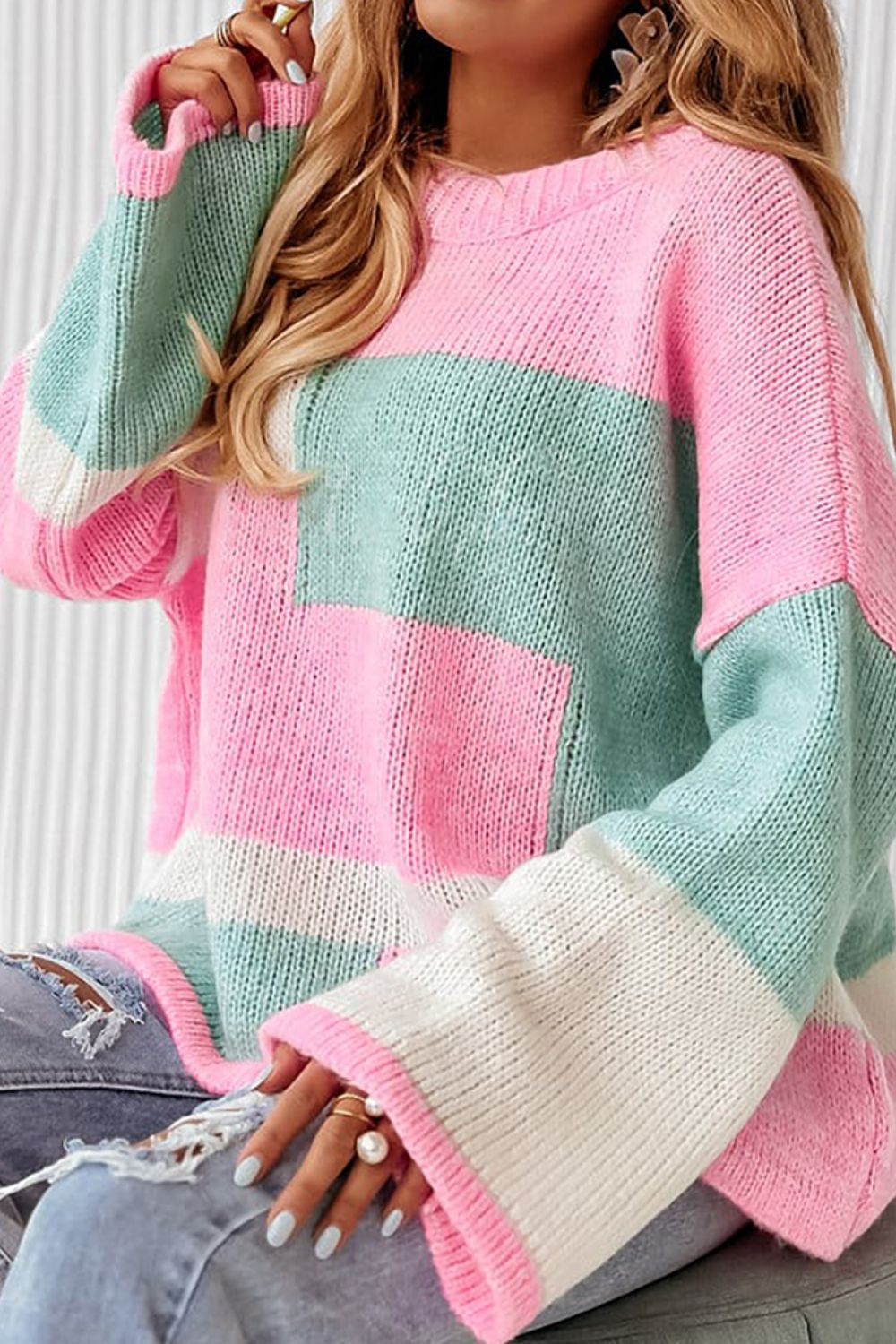 Colorblock Round Neck Drop Shoulder Sweater