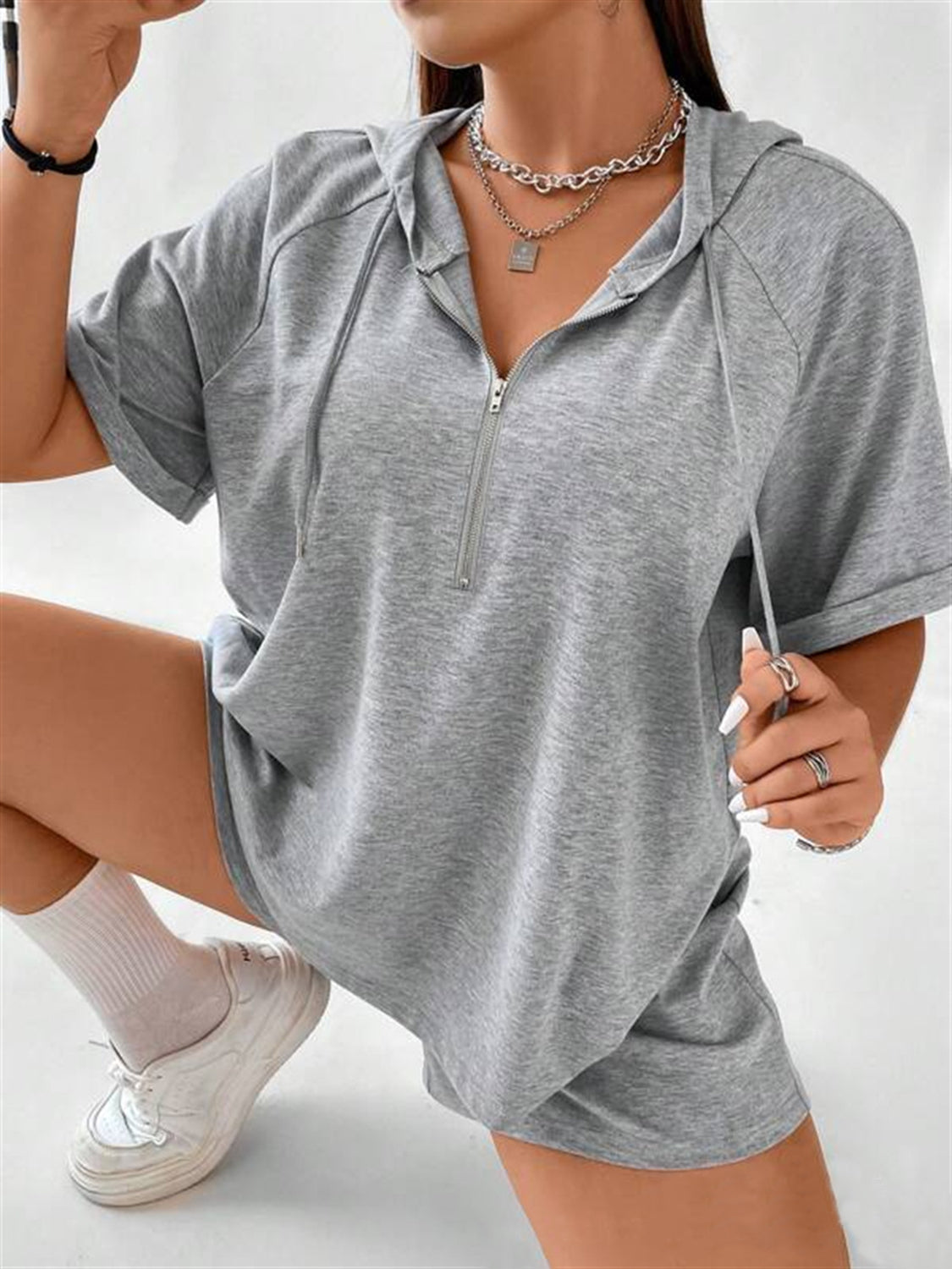 Drawstring Half Zip Hooded Top and Shorts Set