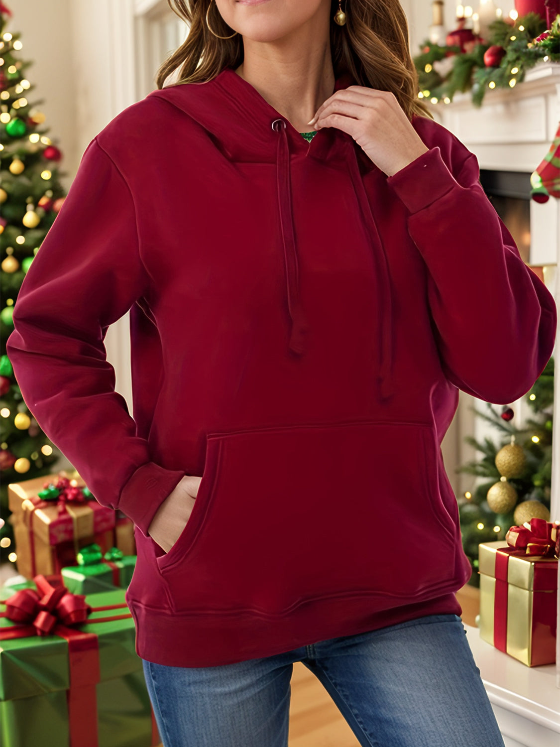 Drawstring Long Sleeve Hoodie with Fleece Lining