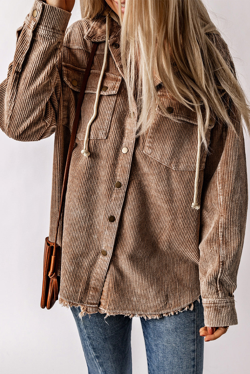 *App Exclusive* Snap Front Hooded Corduroy Shacket