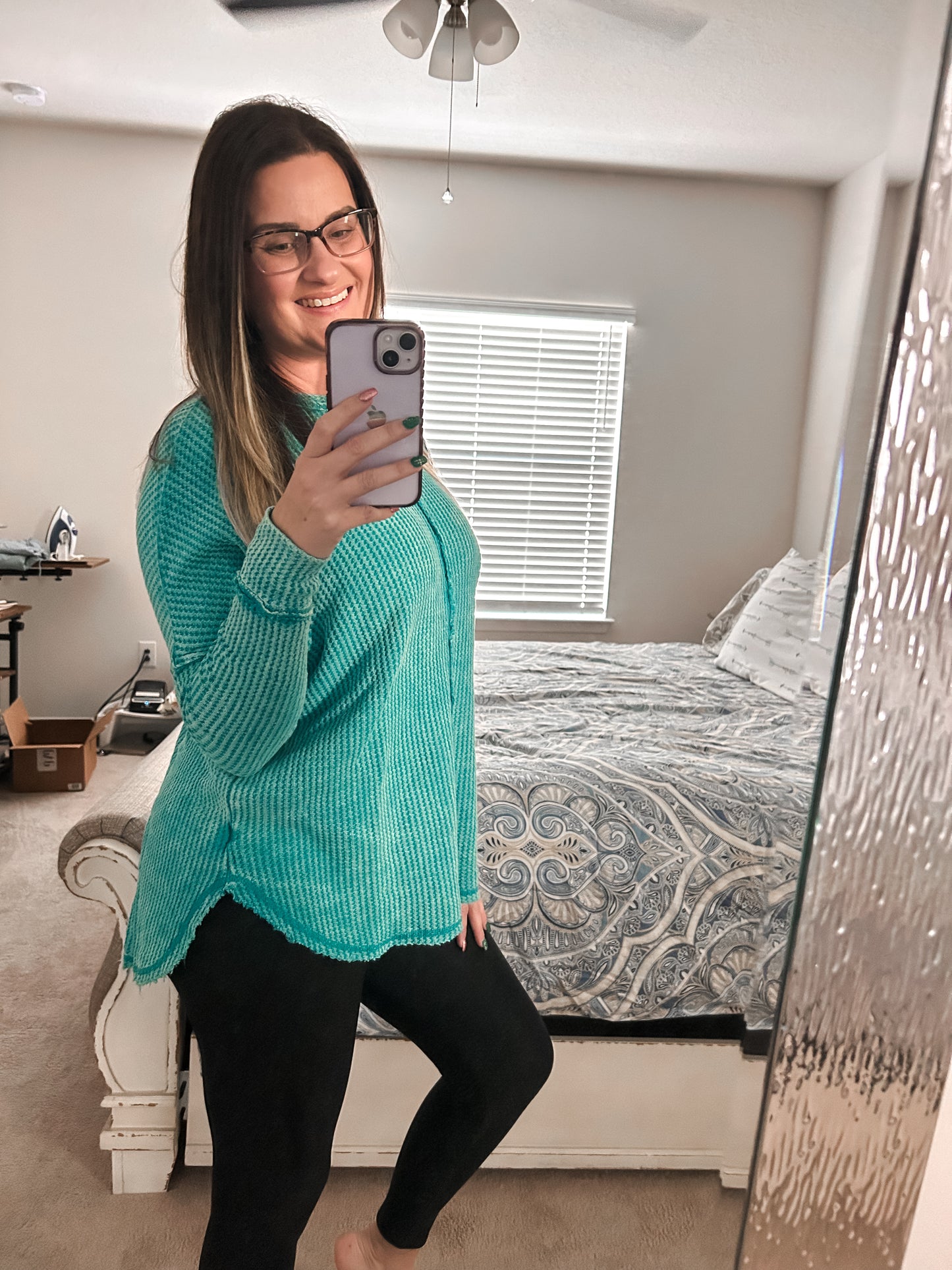 Waffle Knit Oversized Long Sleeve Top