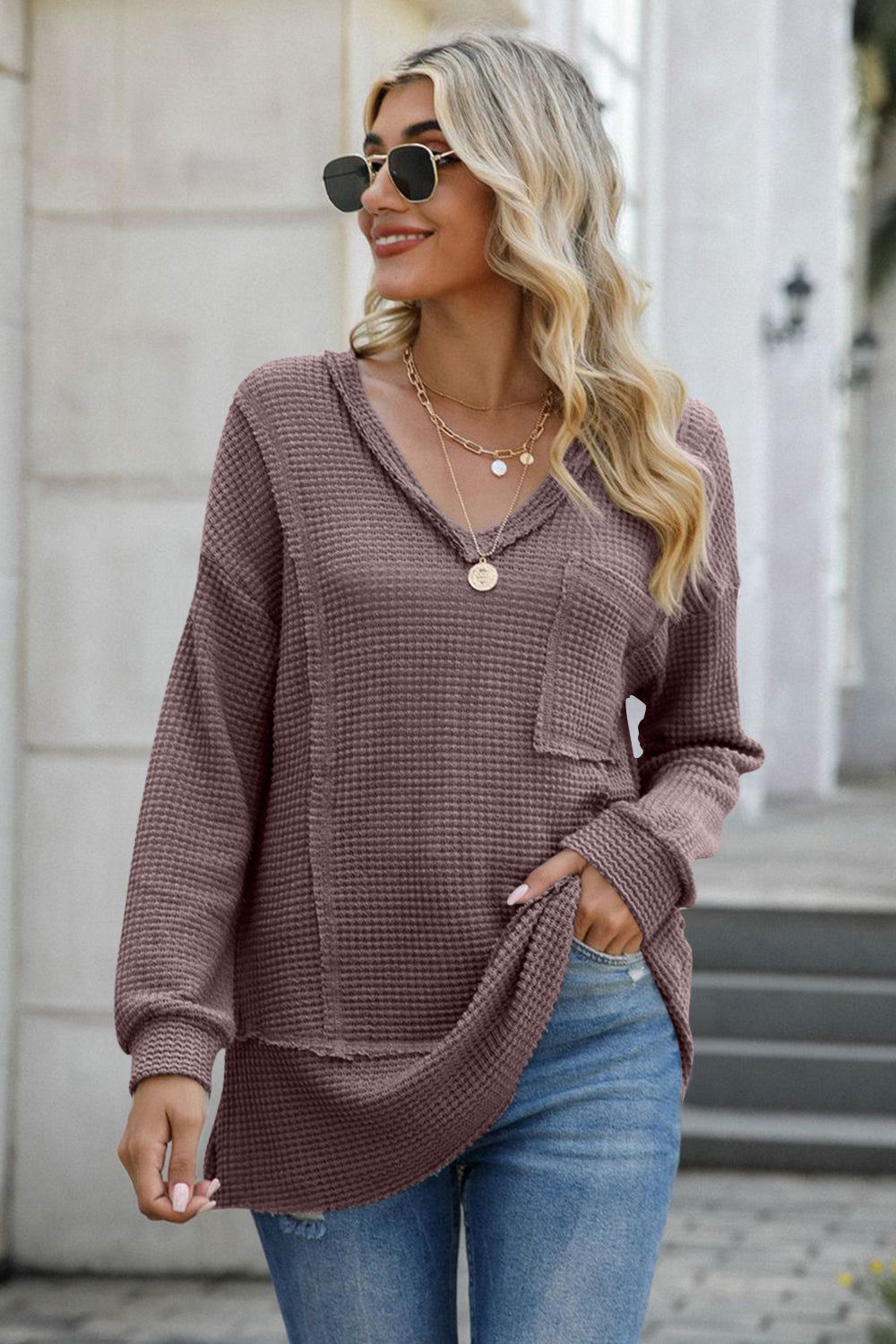 Exposed Seam Vneck Long Sleeve T-Shirt