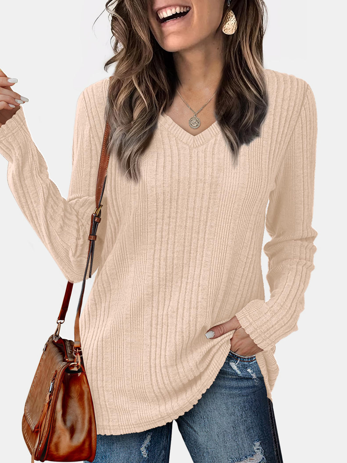 Vneck Long Sleeve Solid Shirt