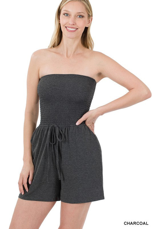 Smocked Shorts Romper with Pockets