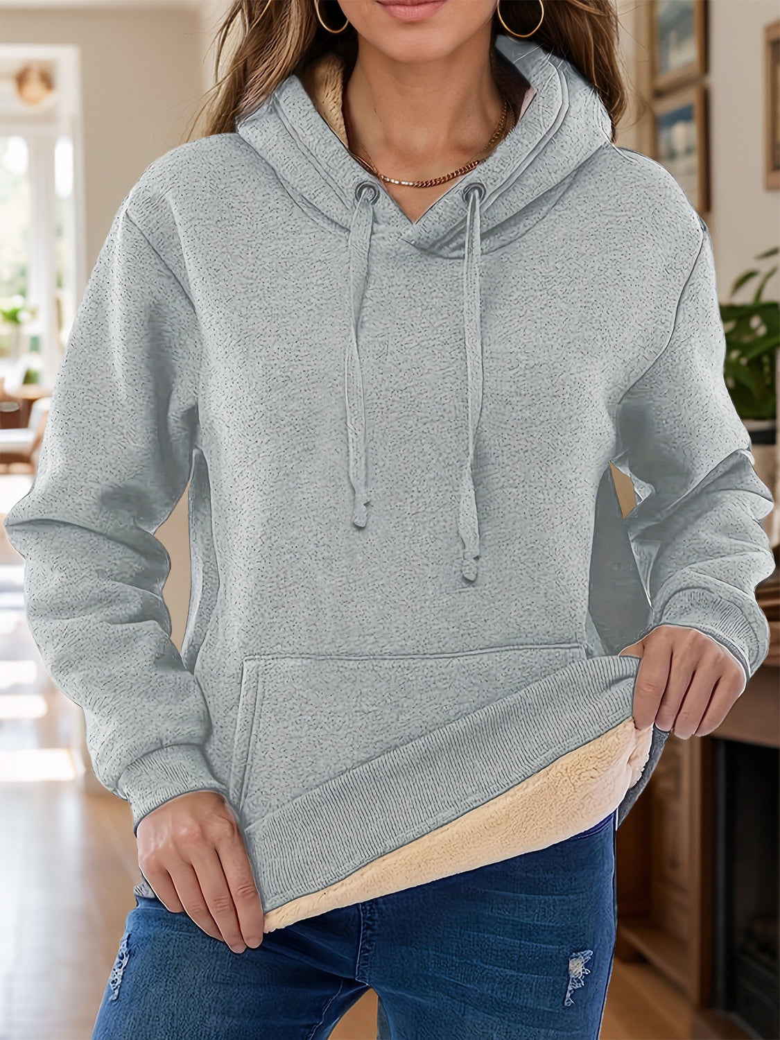 Drawstring Long Sleeve Hoodie with Fleece Lining
