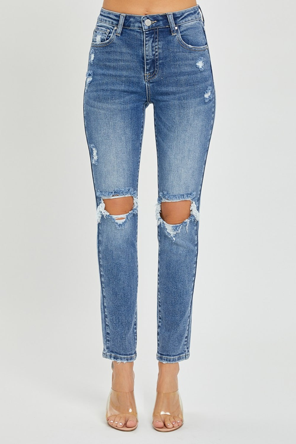 Risen Knee Distressed Skinny Jeans