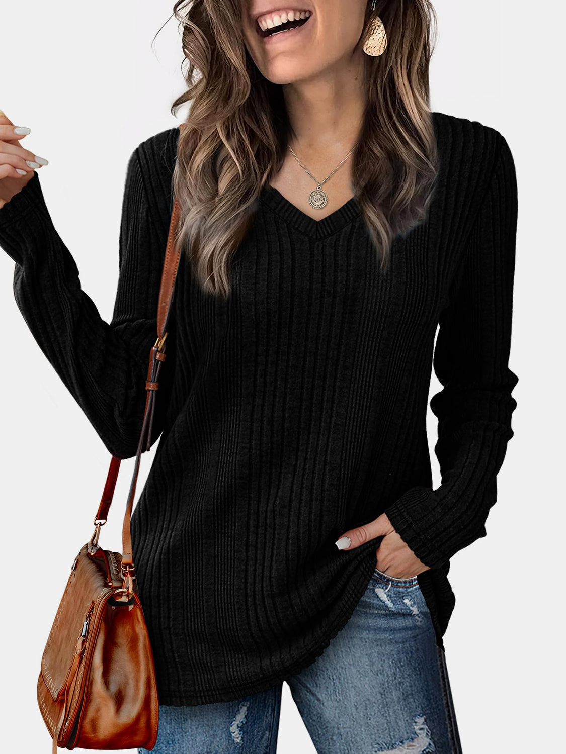 Vneck Long Sleeve Solid Shirt