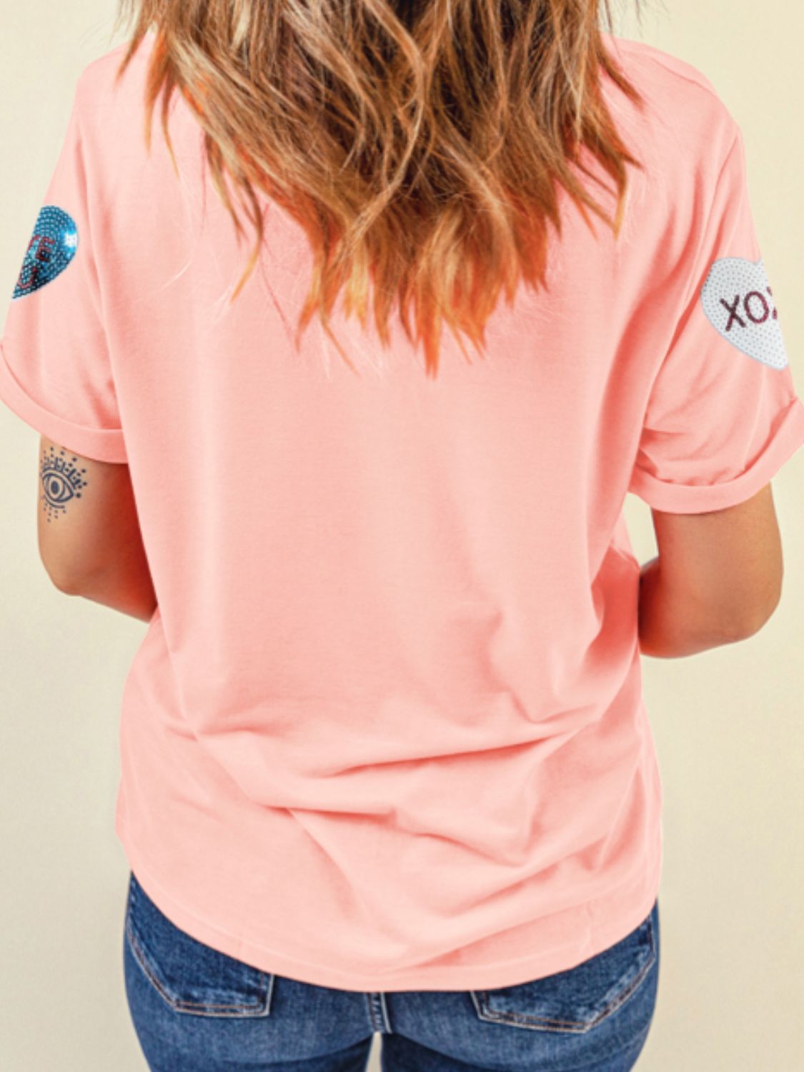 Valentines Day Sequin Heart Short Sleeve T-Shirt