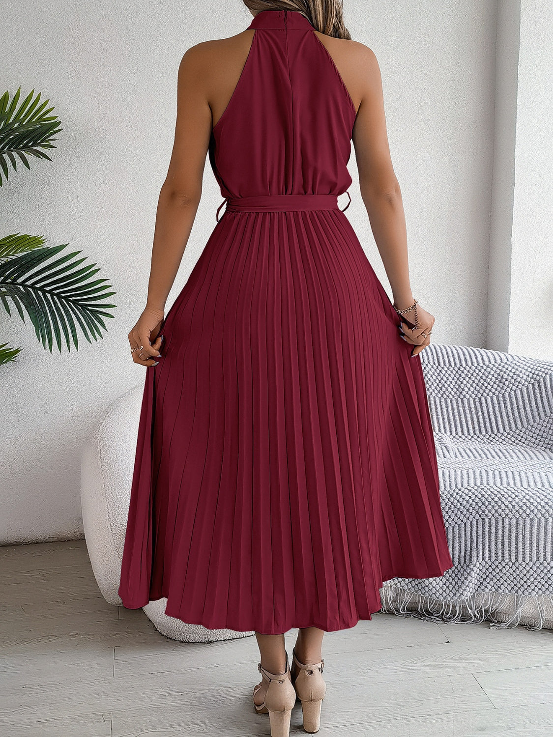 Halter Pleated Tie Waist Sleeveless Midi Dress
