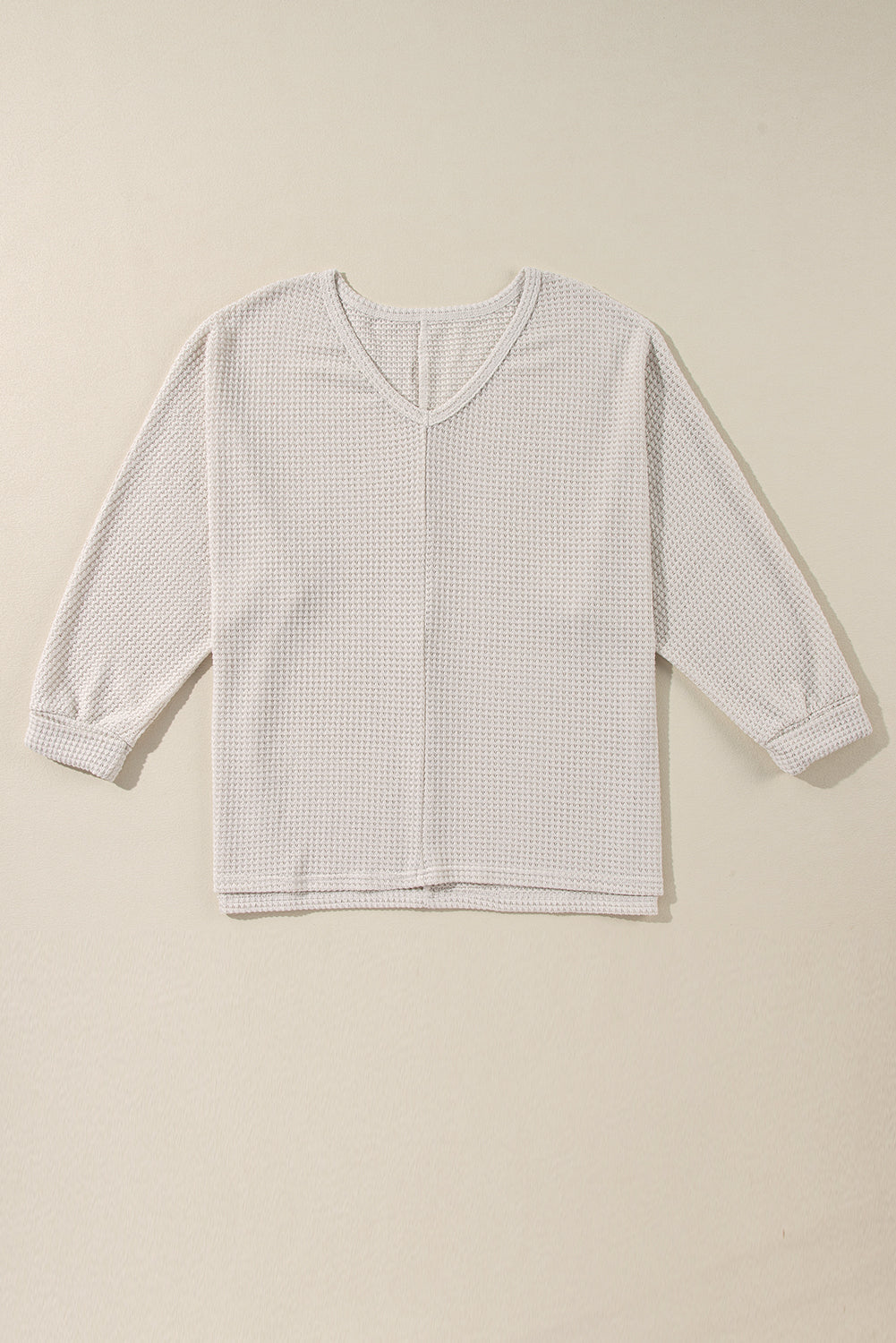 Waffleknit Side Slit Vneck Long Sleeve Top
