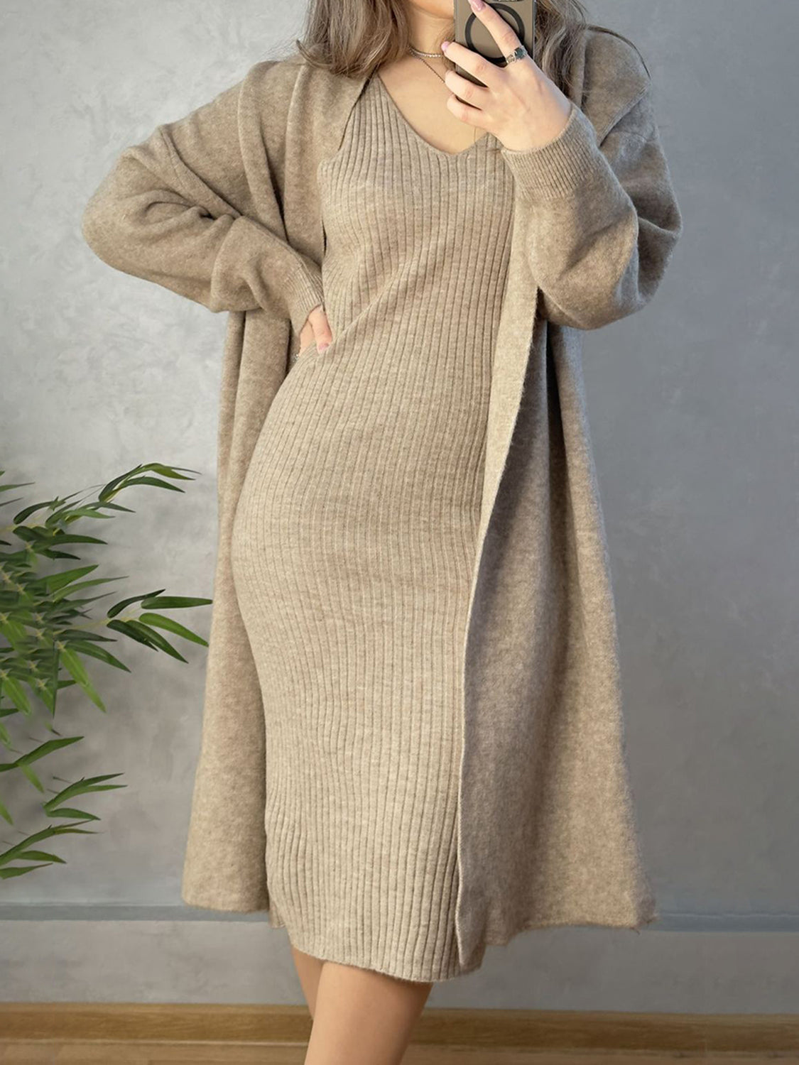 V-Neck Cami Dress and Cardigan Sweater Set
