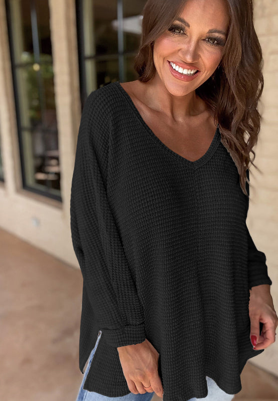 Waffleknit Side Slit Vneck Long Sleeve Top