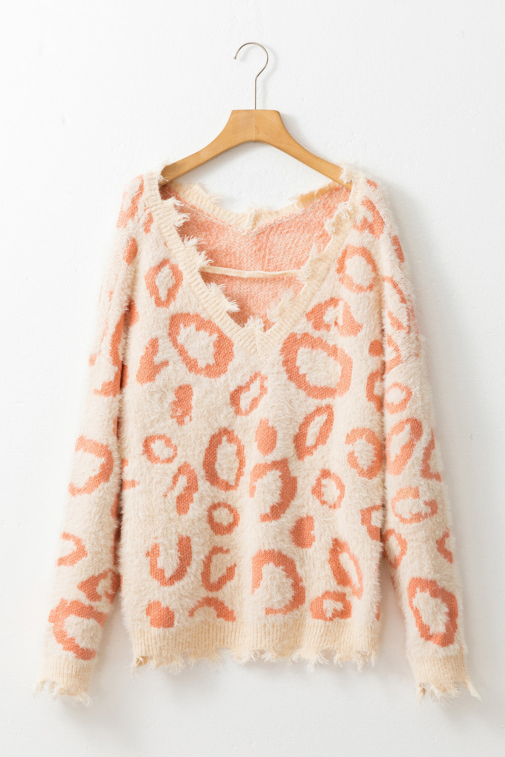 Distressed Trim Leopard Vneck Sweater