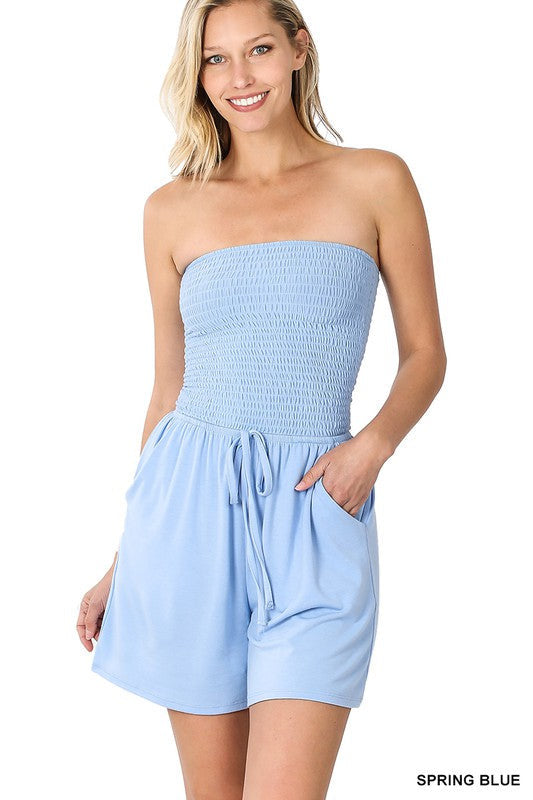 Smocked Shorts Romper with Pockets