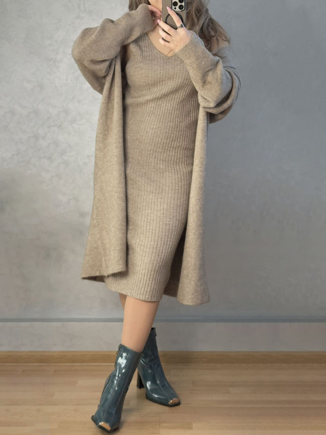 V-Neck Cami Dress and Cardigan Sweater Set