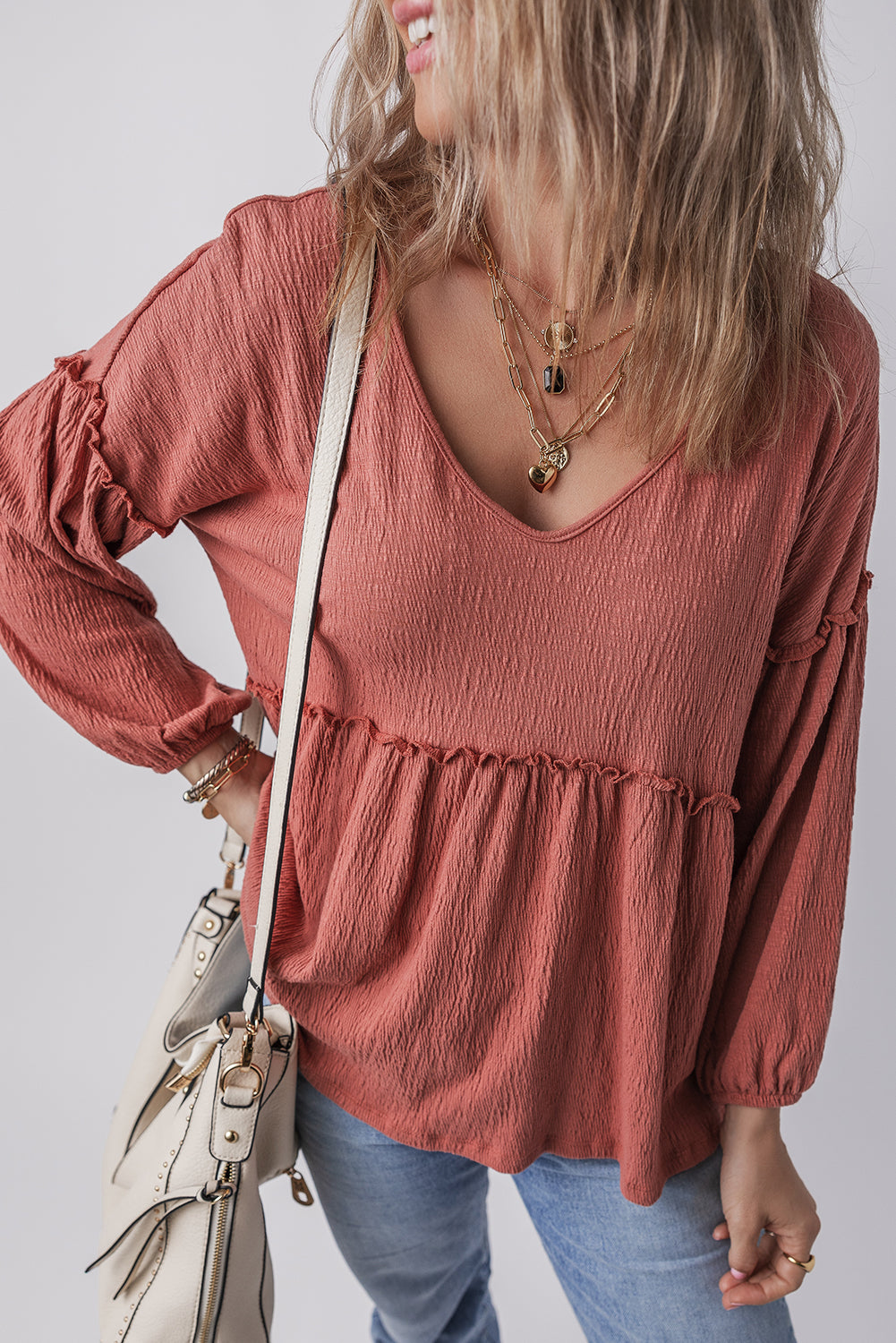 Vneck Babydoll Long Sleeve Blouse