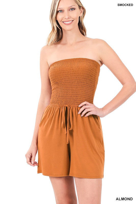 Smocked Shorts Romper with Pockets