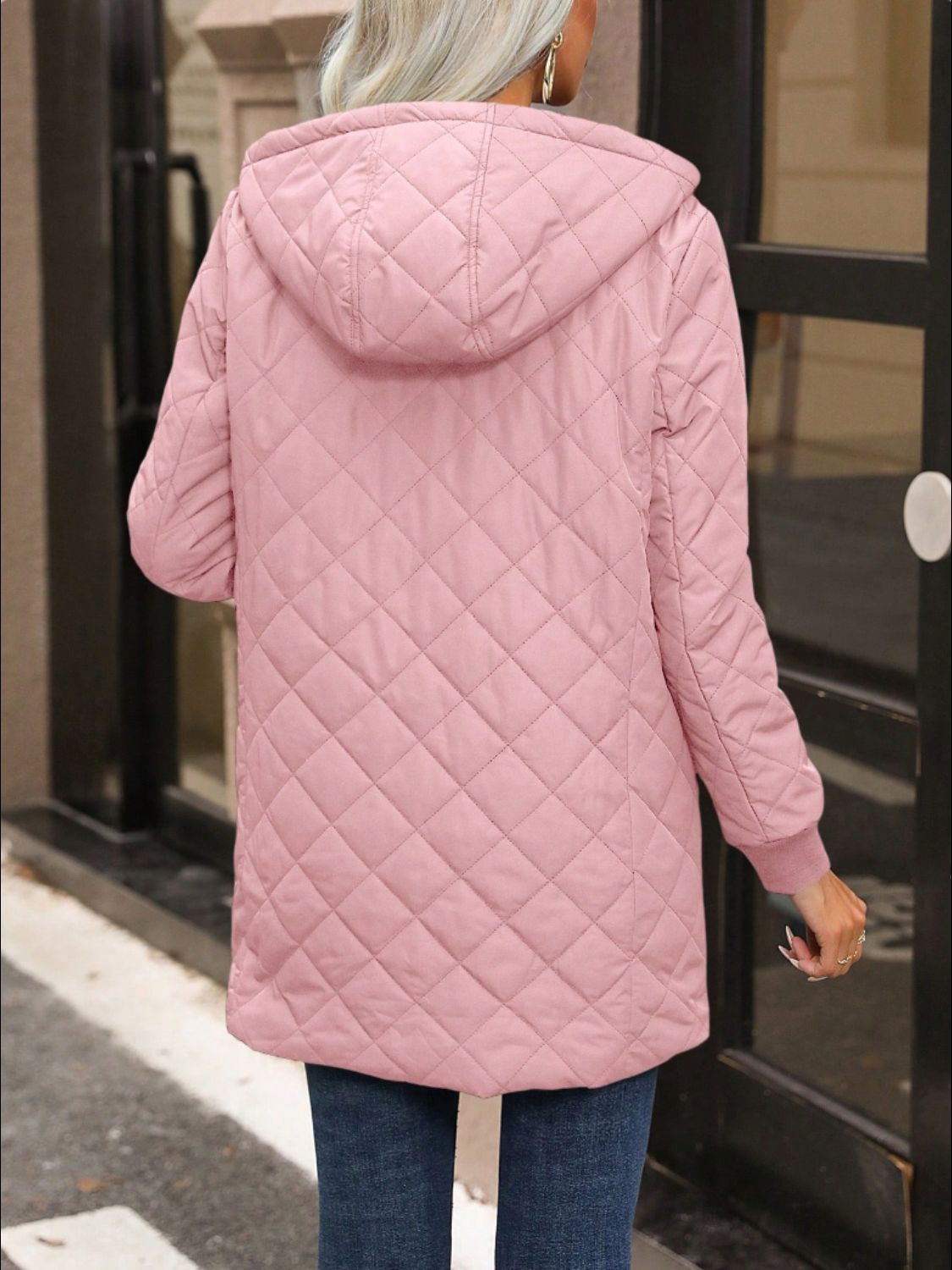 Quilted Zip Up Sherpa Lined Hooded Jacket with Pockets
