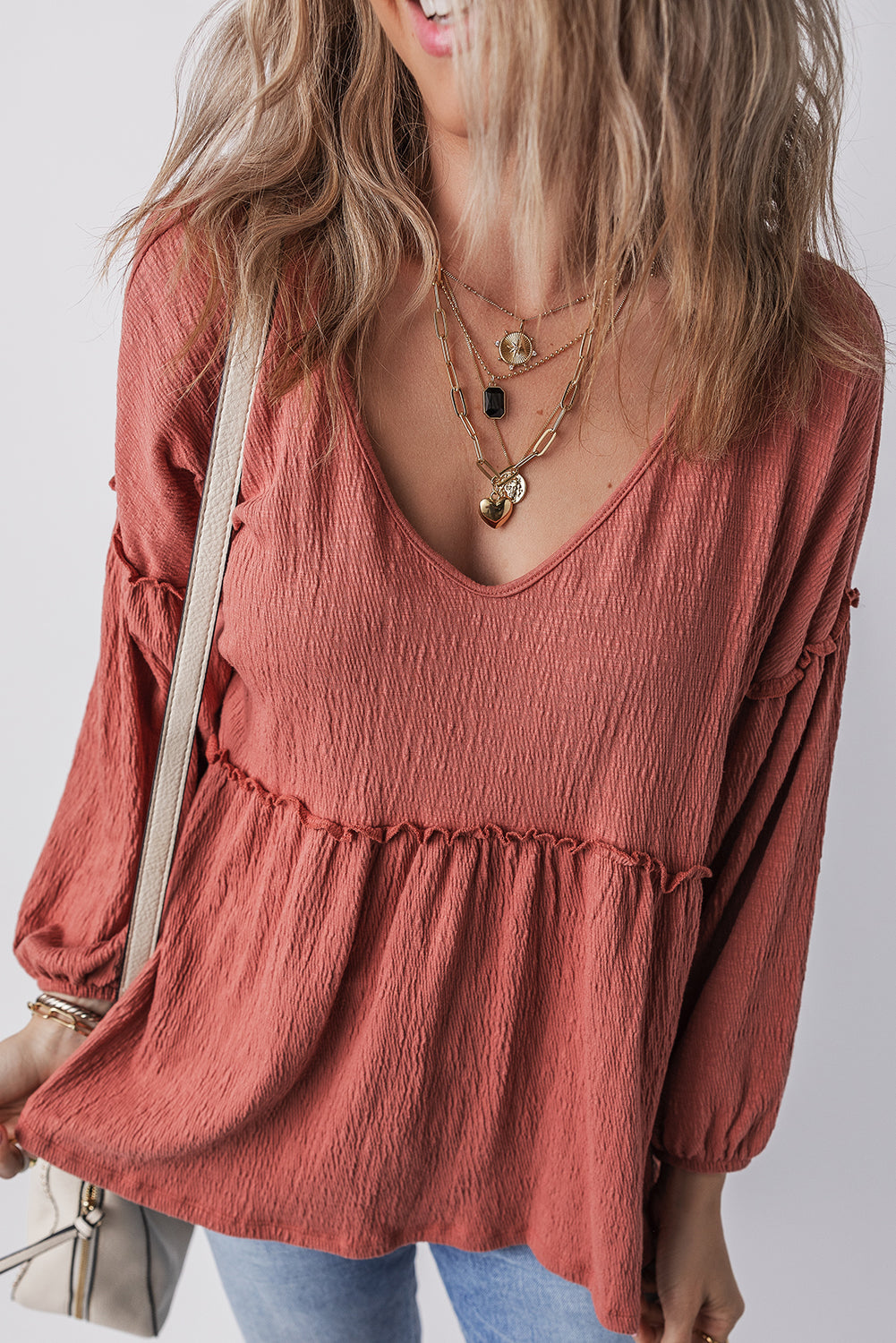 Vneck Babydoll Long Sleeve Blouse