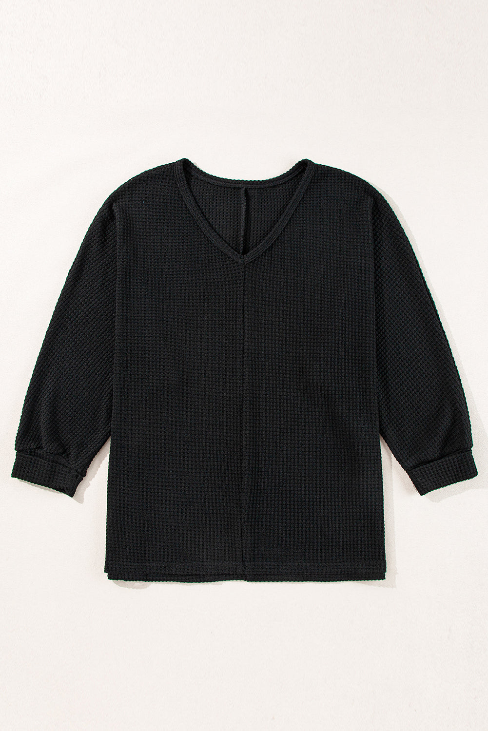 Waffleknit Side Slit Vneck Long Sleeve Top