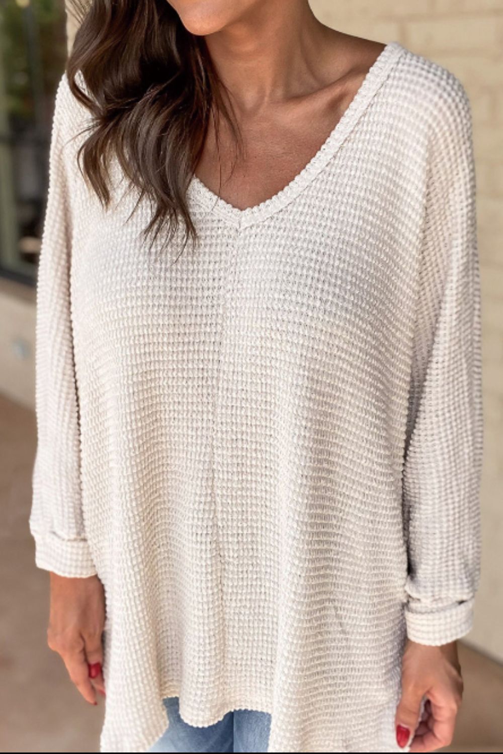 Waffleknit Side Slit Vneck Long Sleeve Top