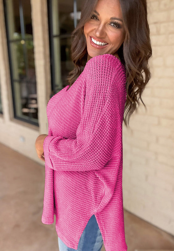 Waffleknit Side Slit Vneck Long Sleeve Top