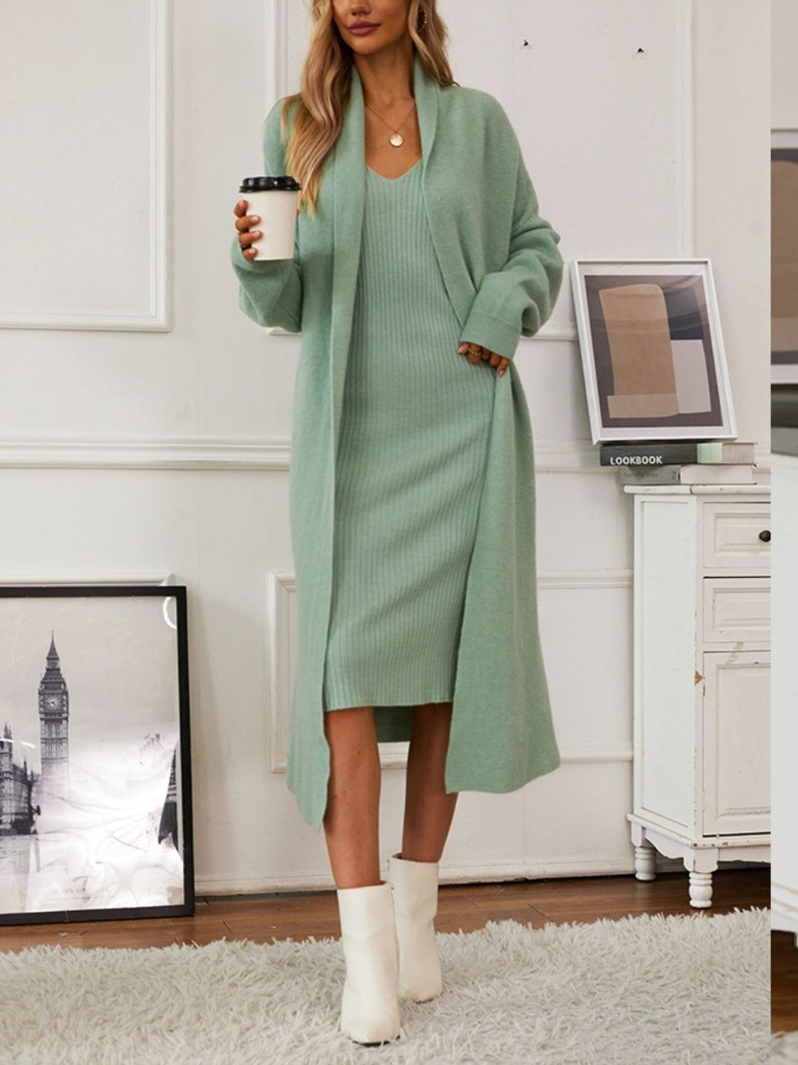 V-Neck Cami Dress and Cardigan Sweater Set