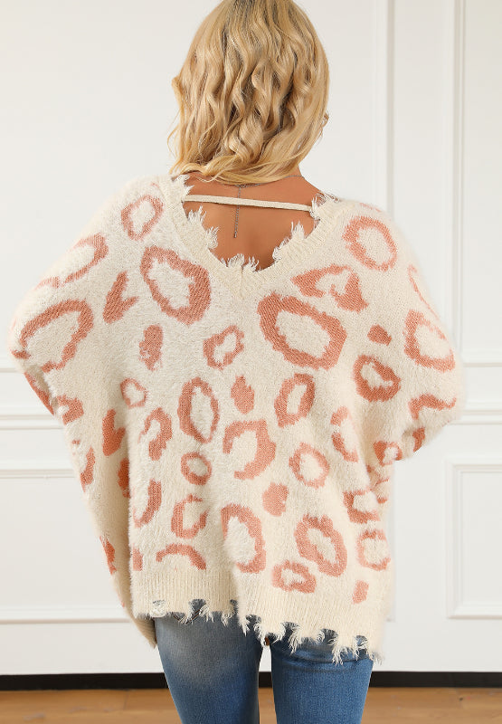 Distressed Trim Leopard Vneck Sweater
