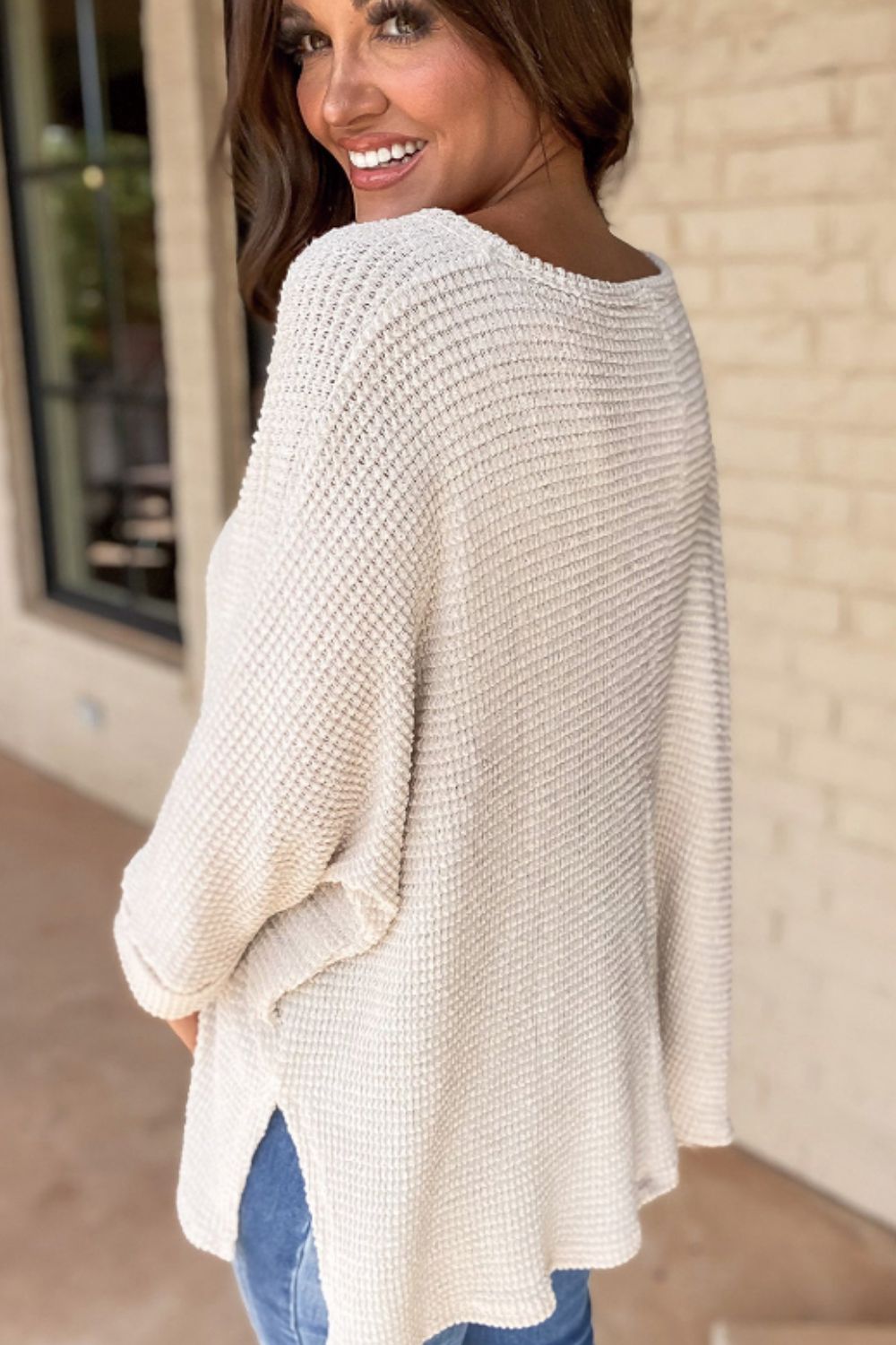 Waffleknit Side Slit Vneck Long Sleeve Top
