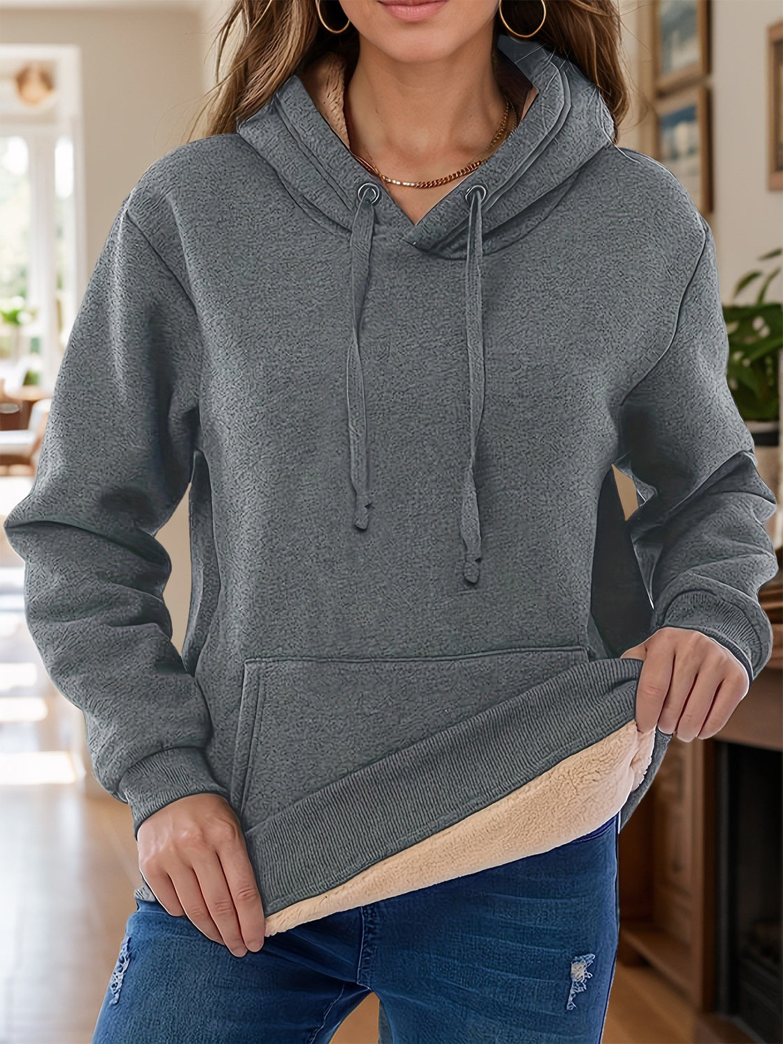 Drawstring Long Sleeve Hoodie with Fleece Lining