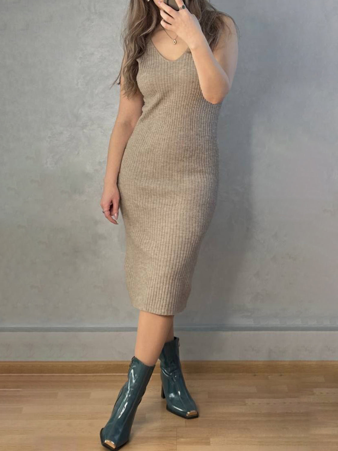 V-Neck Cami Dress and Cardigan Sweater Set