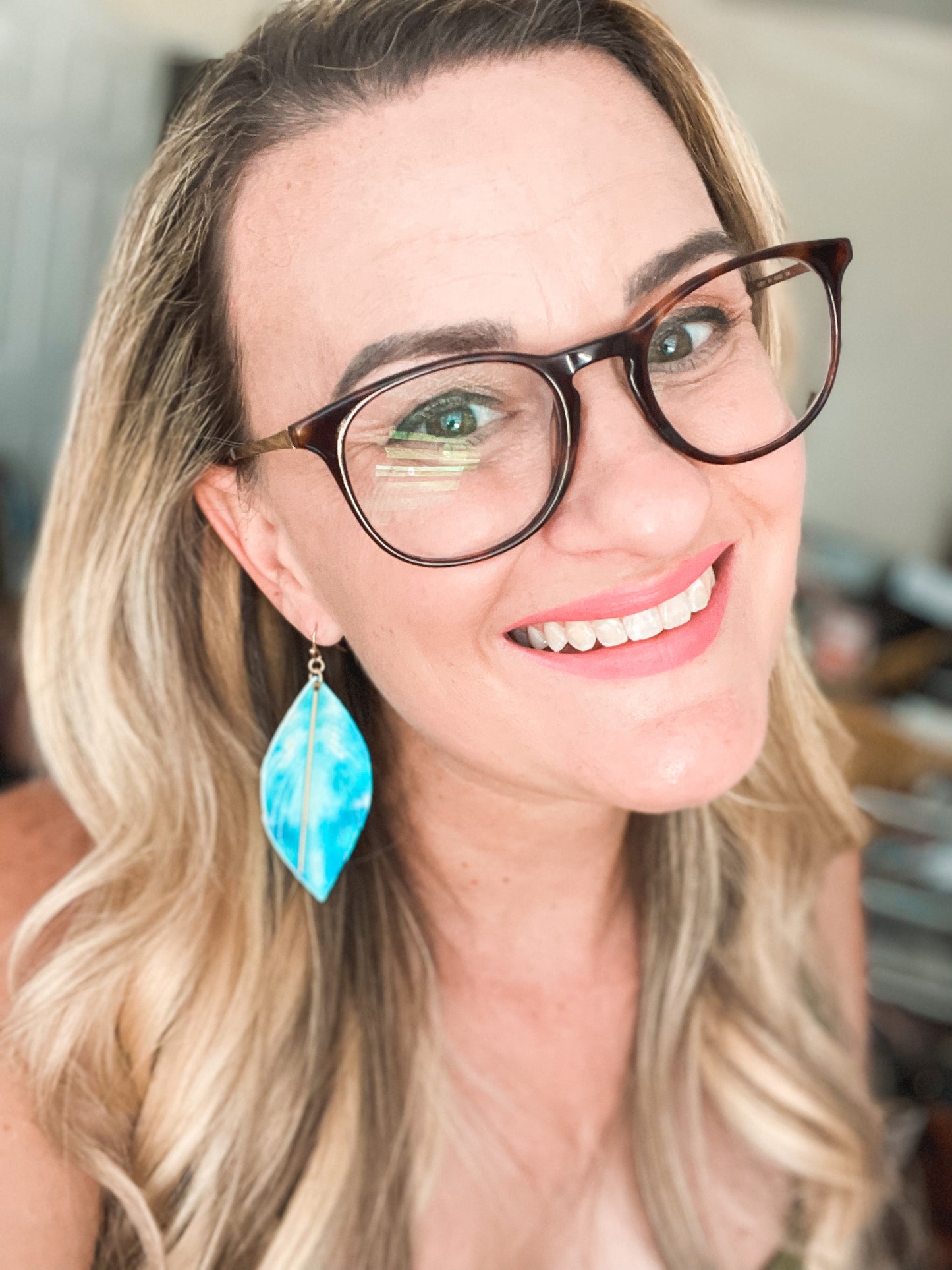 Teal Feather Earrings with Gold Bar