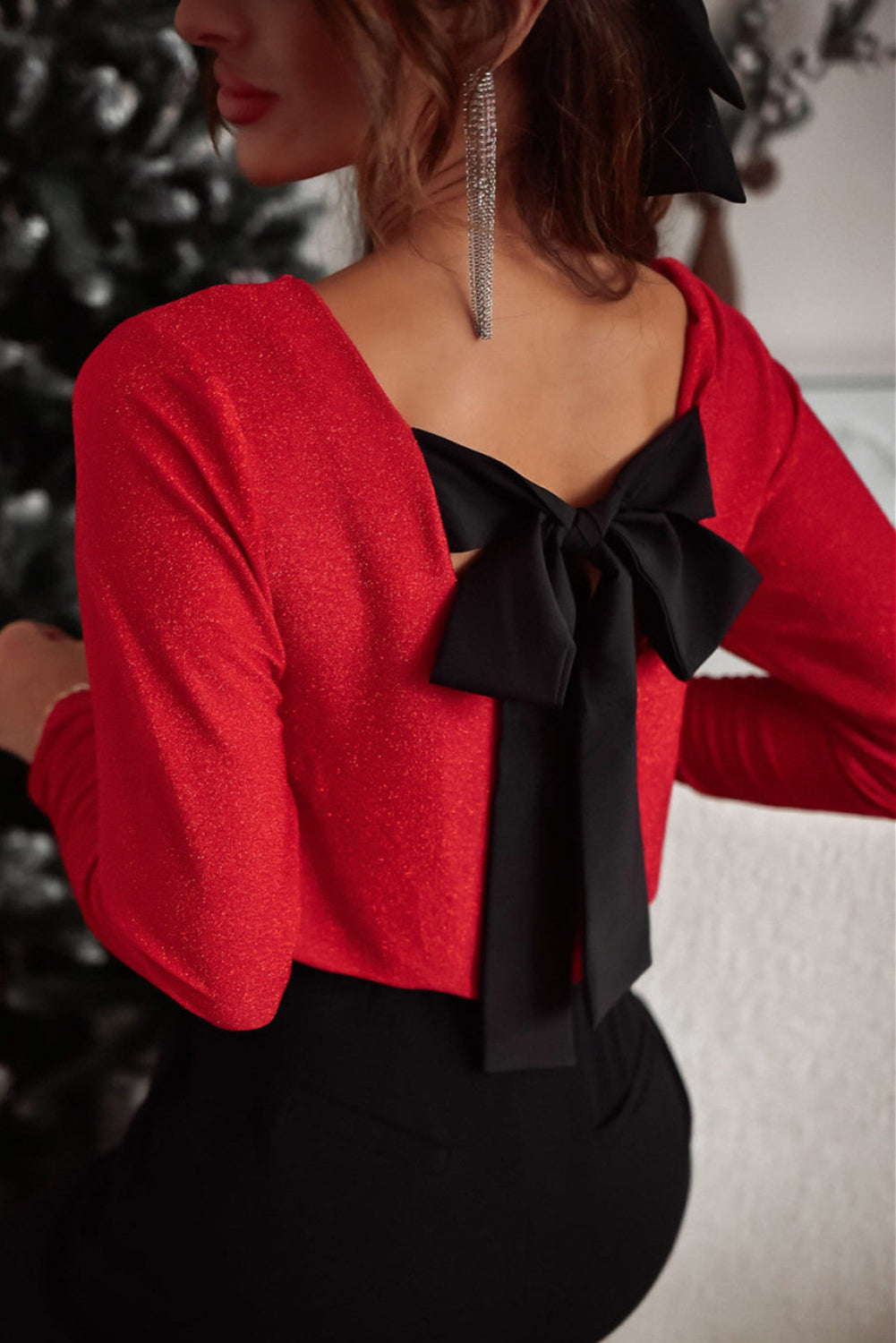 Bowknot Vneck Long Sleeve Blouse