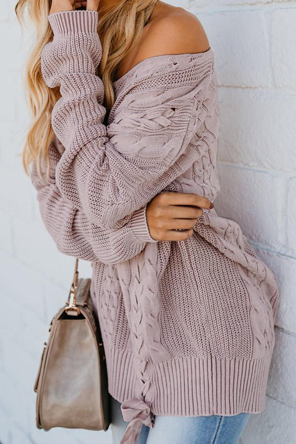 Cable Knit Lace Up Vneck Sweater