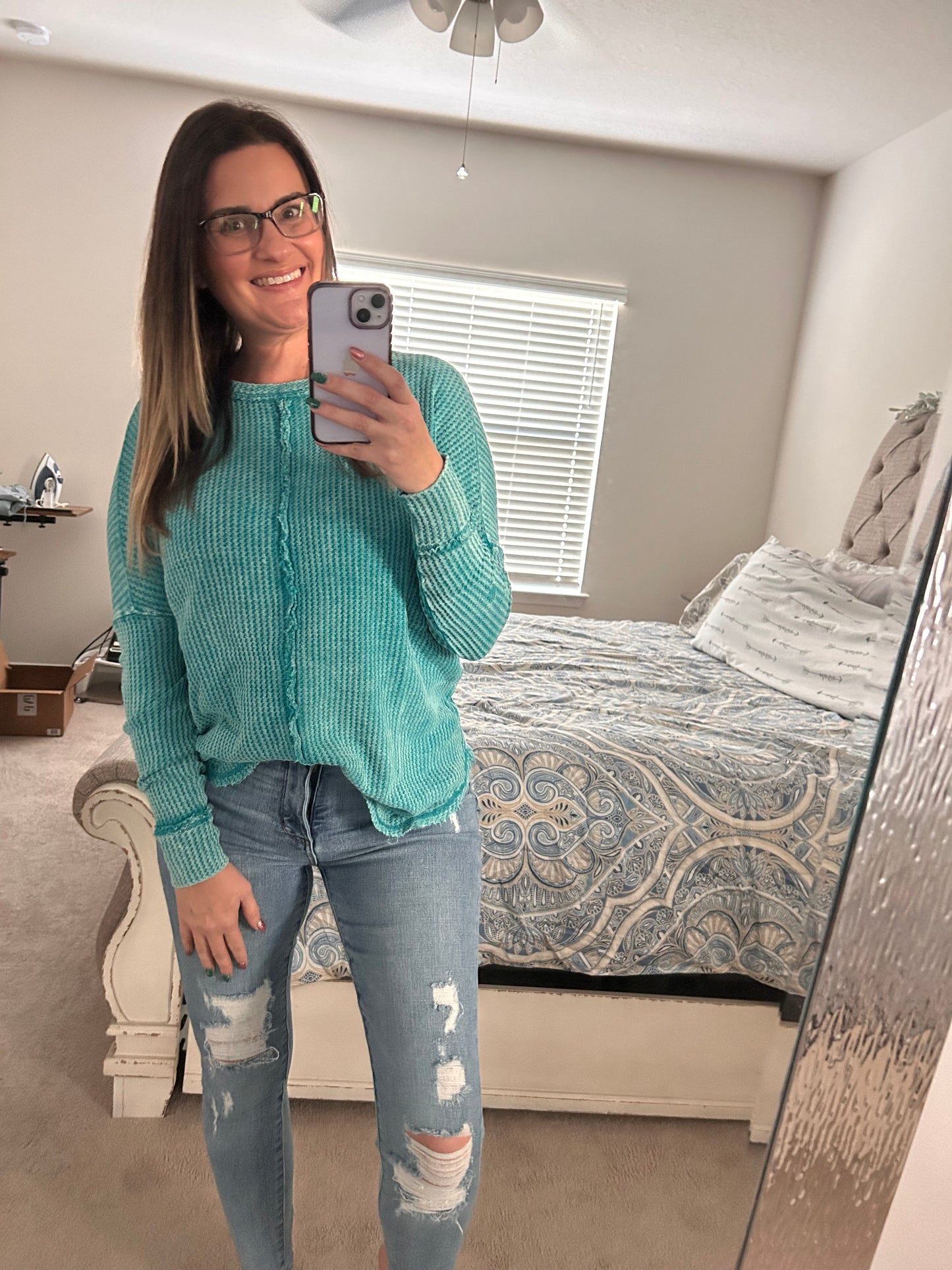 Waffle Knit Oversized Long Sleeve Top