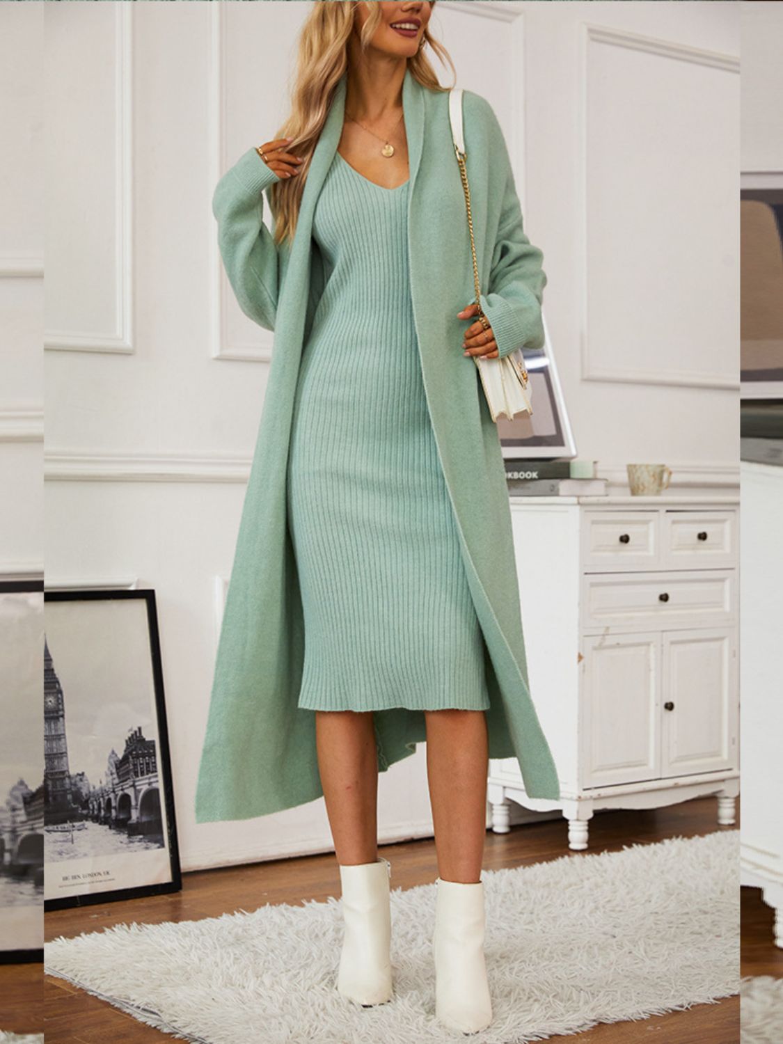 V-Neck Cami Dress and Cardigan Sweater Set
