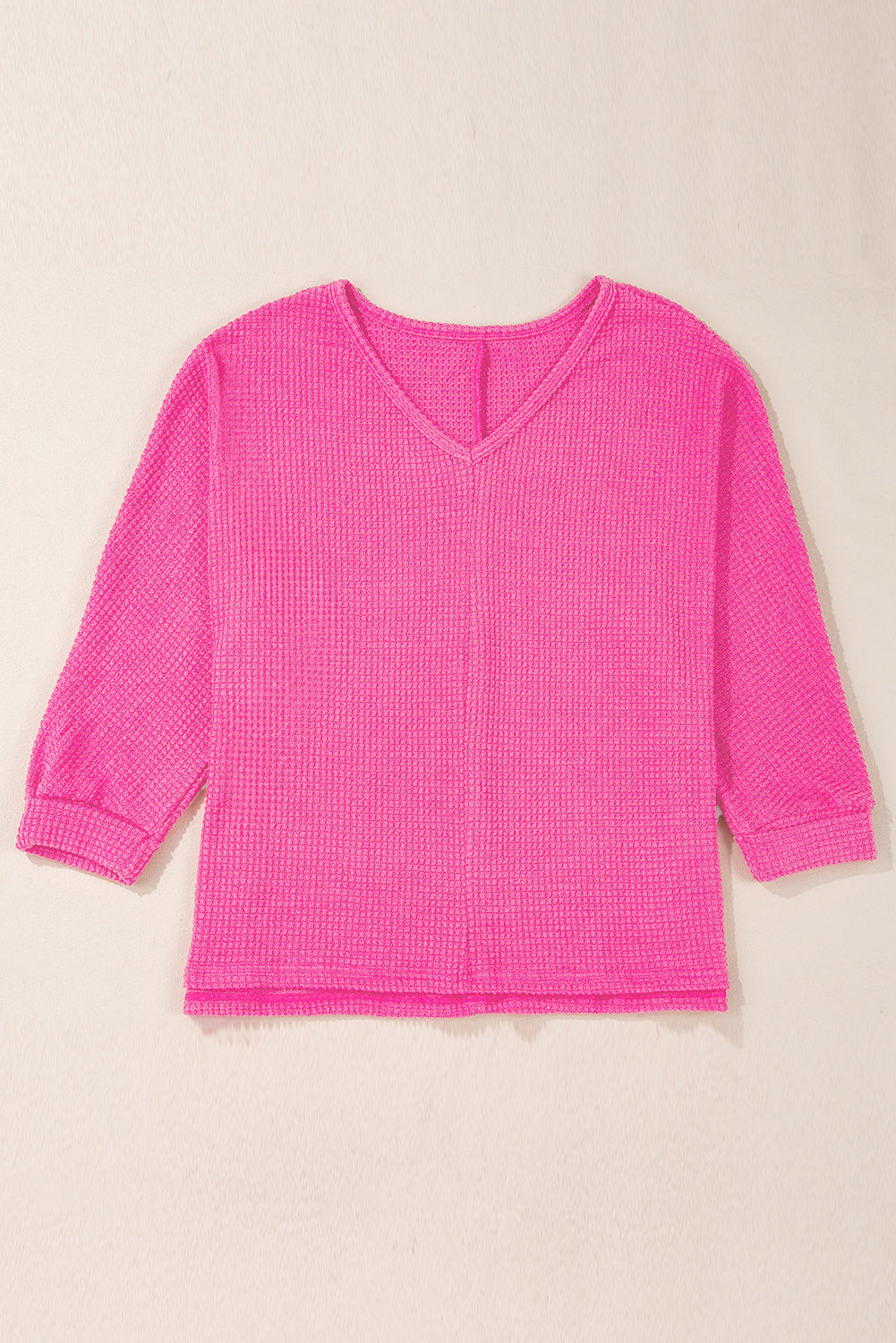 Waffleknit Side Slit Vneck Long Sleeve Top
