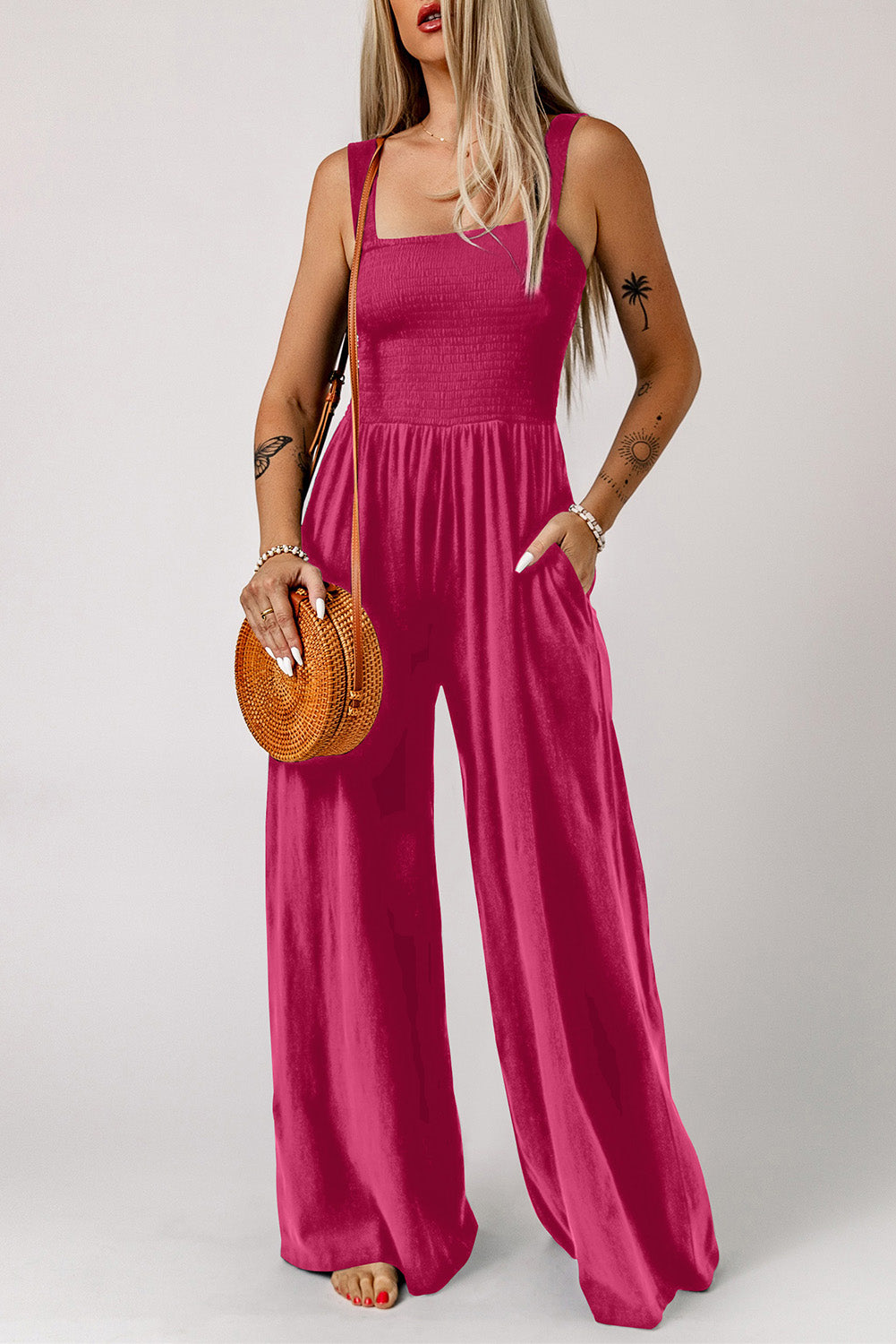 *APP EXCLUSIVE* Smocked Square Neck Wide Leg Jumpsuit with Pockets