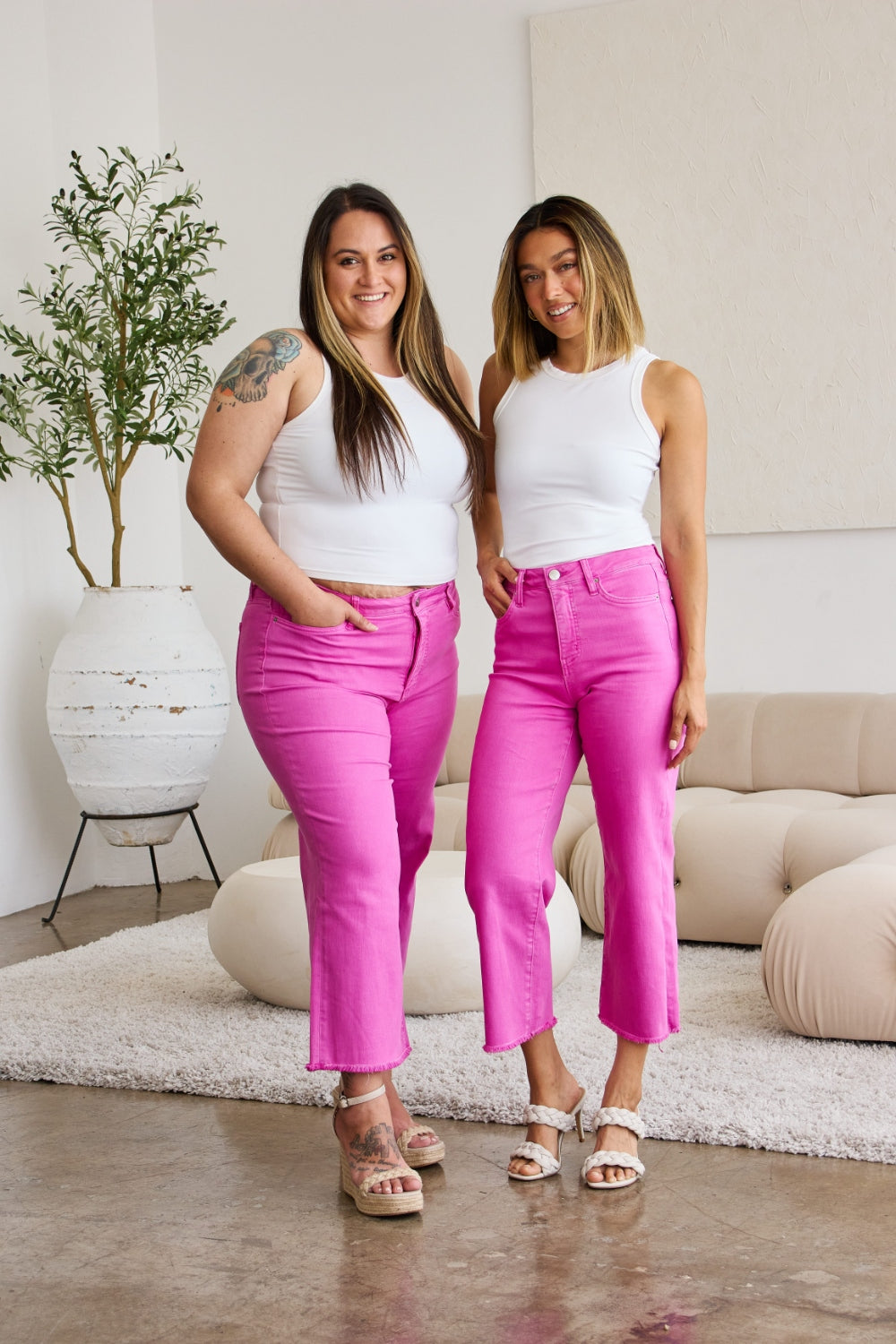 Pink Cropped Tummy Control High Waist Raw Hem Jeans