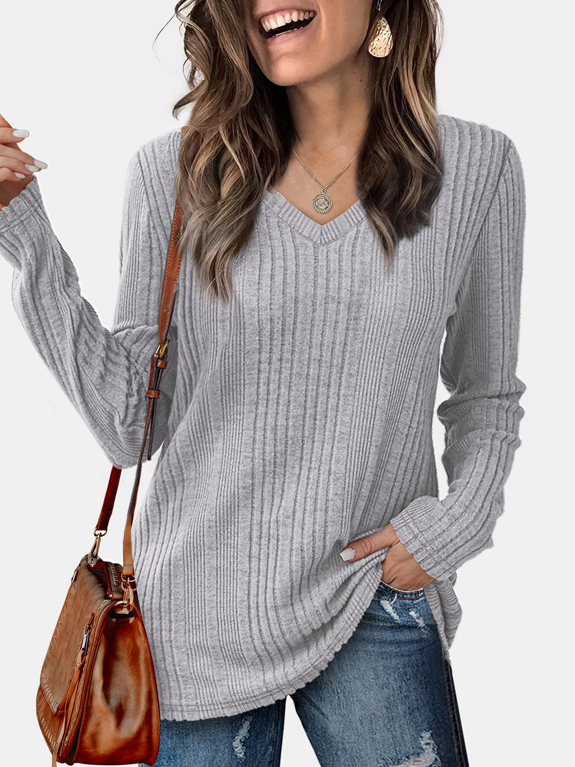 Vneck Long Sleeve Solid Shirt