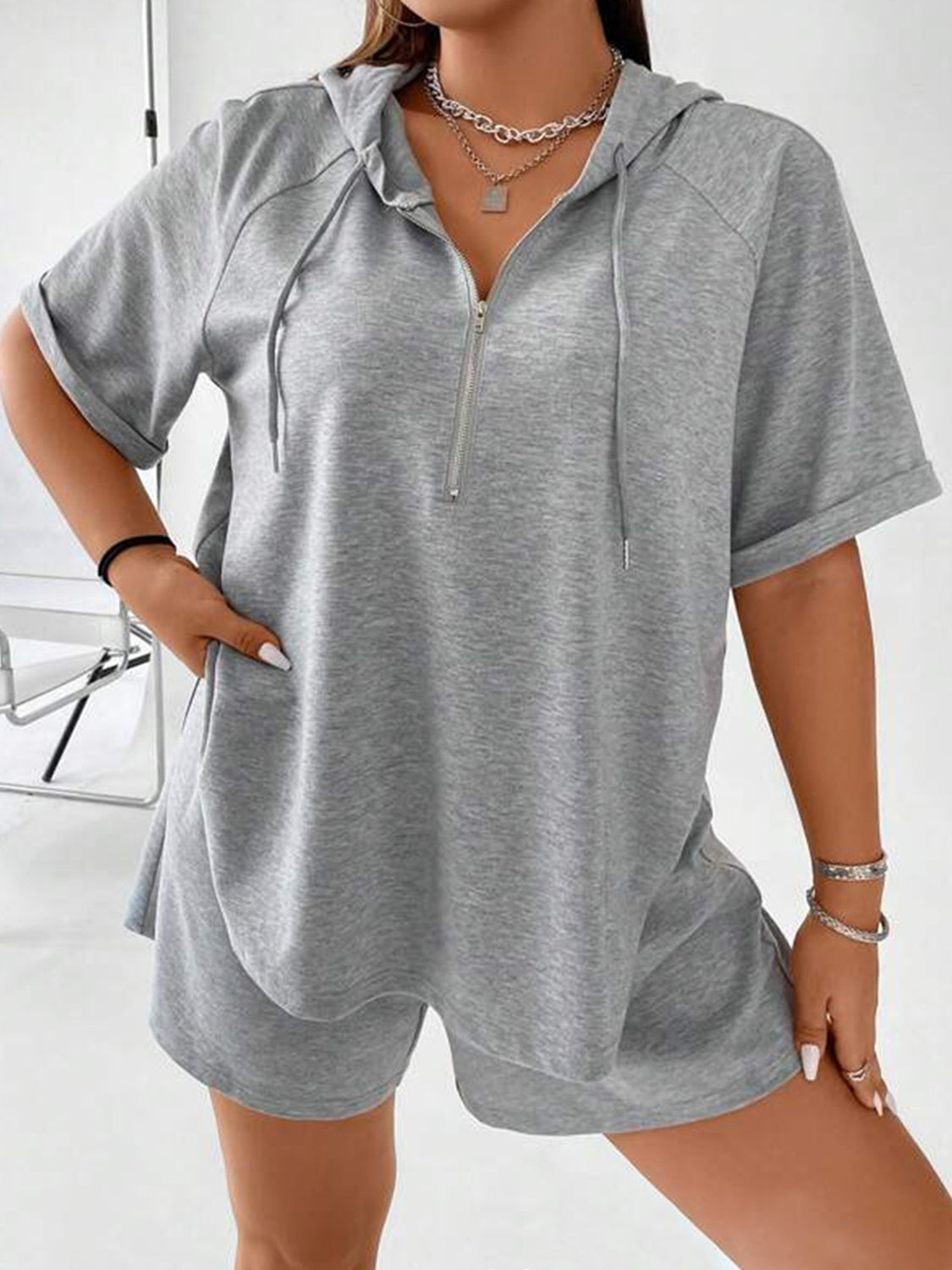 Drawstring Half Zip Hooded Top and Shorts Set