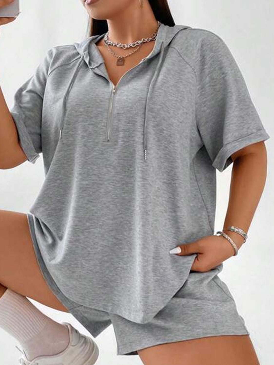 Drawstring Half Zip Hooded Top and Shorts Set