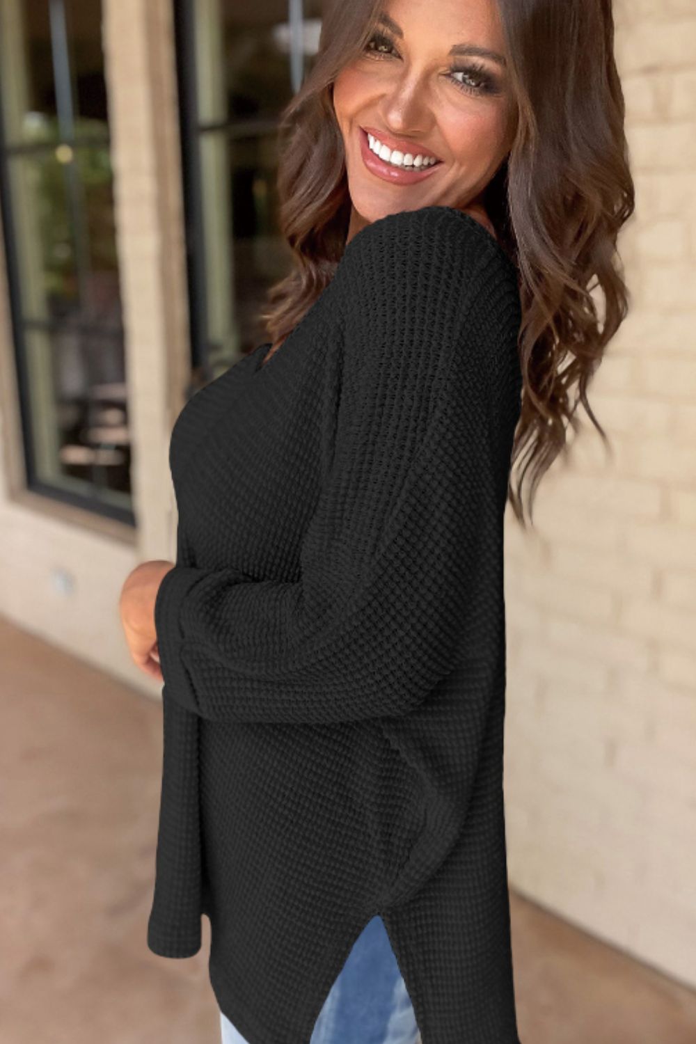 Waffleknit Side Slit Vneck Long Sleeve Top