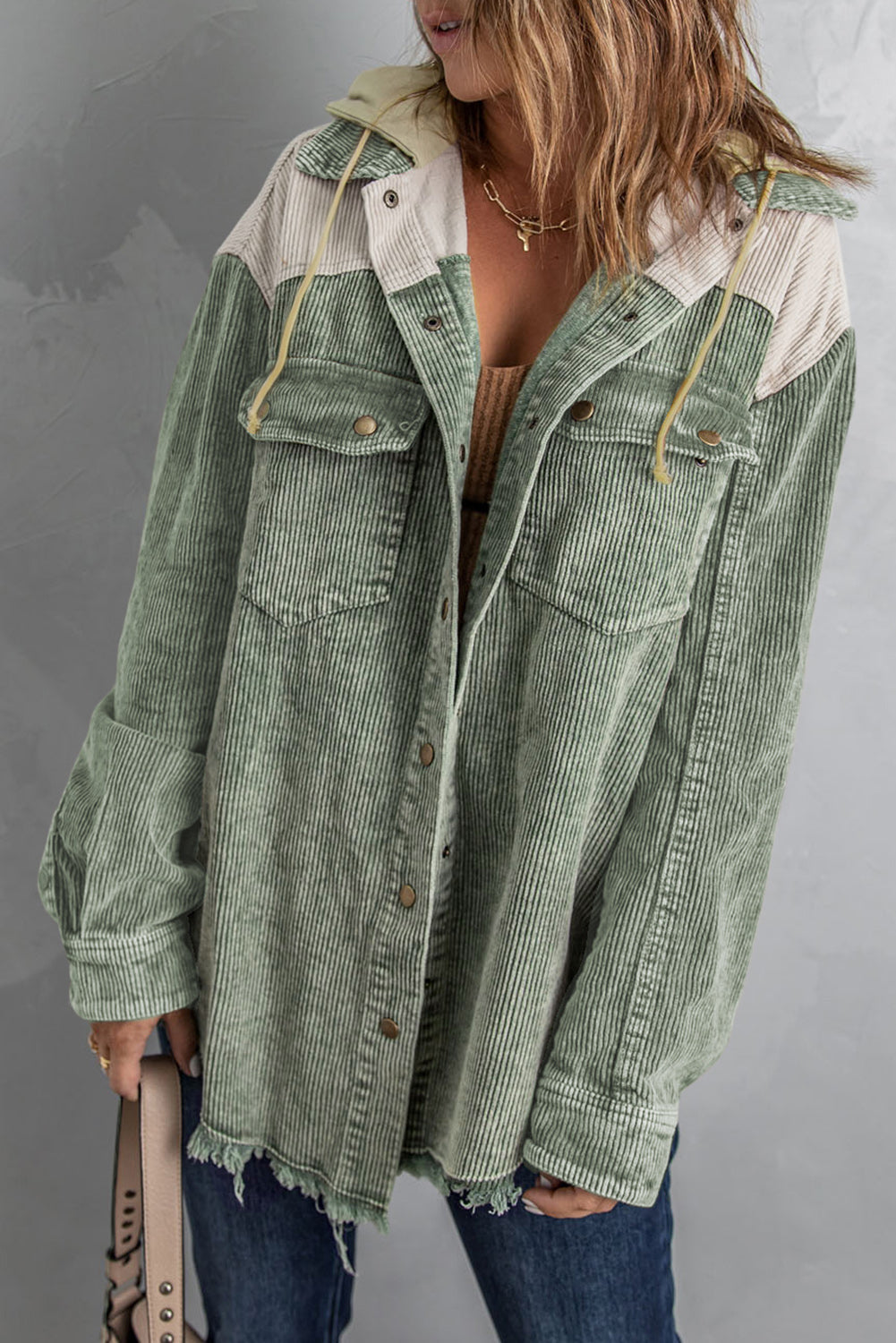 *App Exclusive* Snap Front Hooded Corduroy Shacket