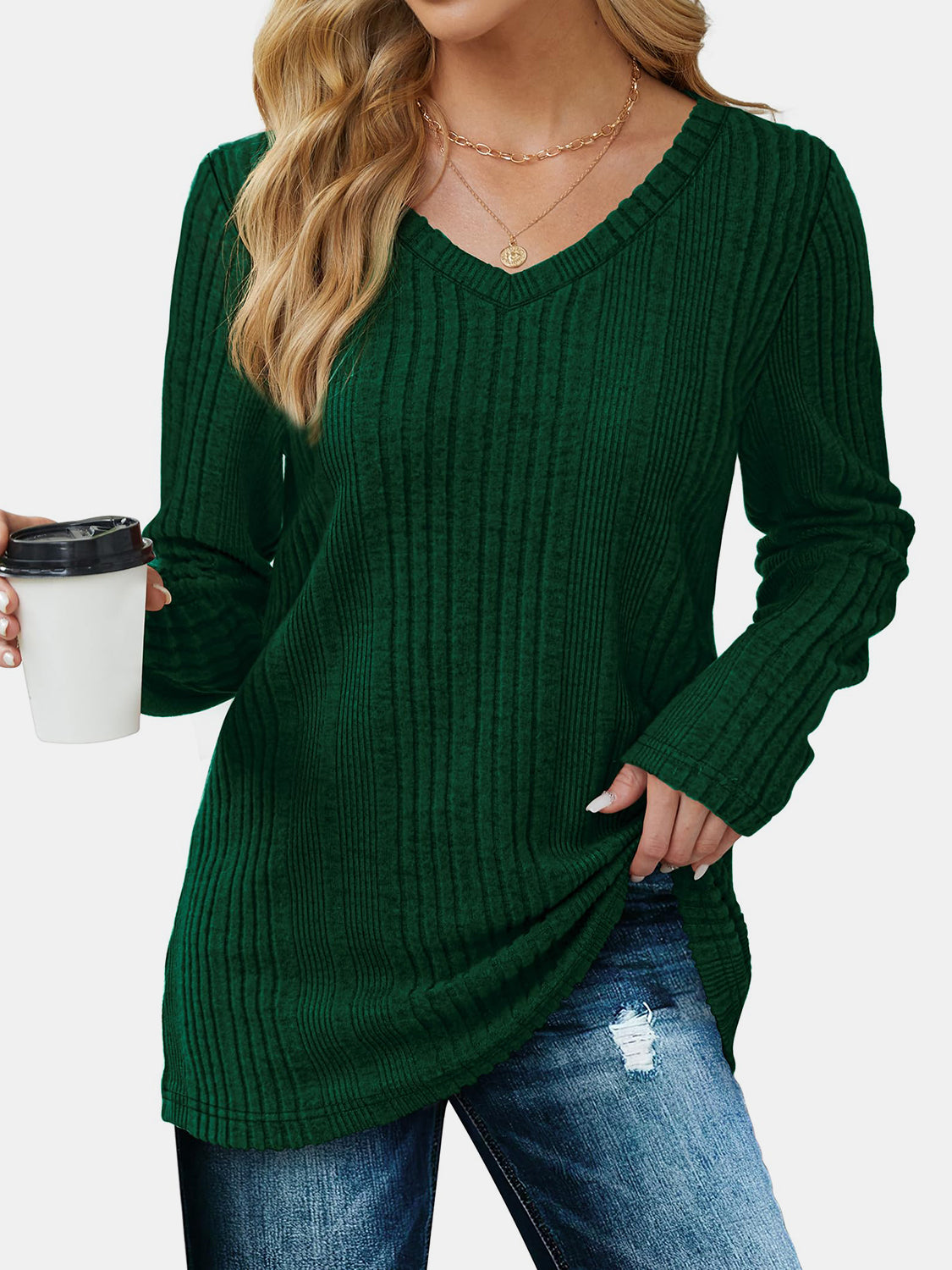 Vneck Long Sleeve Solid Shirt