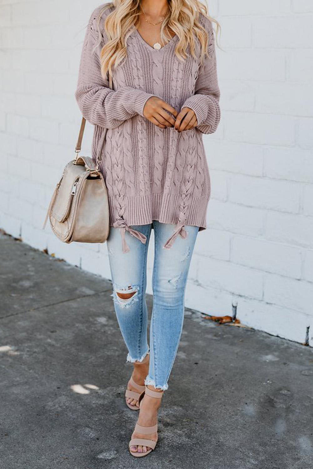 Cable Knit Lace Up Vneck Sweater