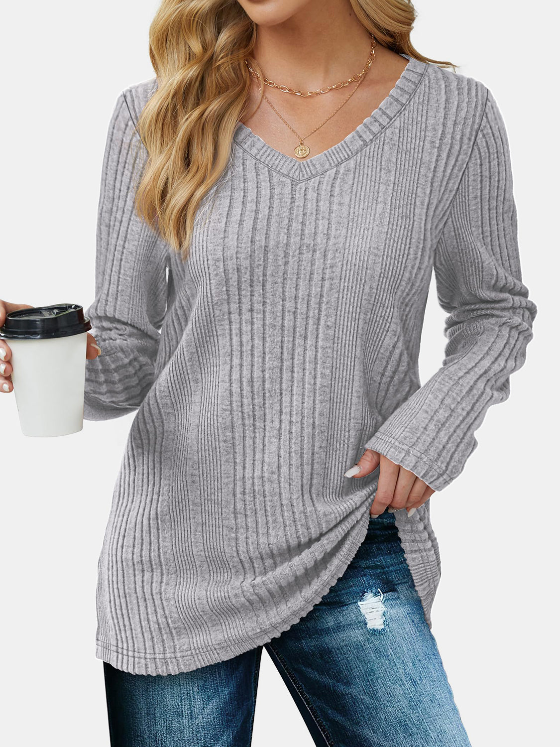 Vneck Long Sleeve Solid Shirt