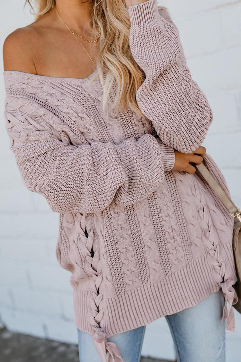 Cable Knit Lace Up Vneck Sweater