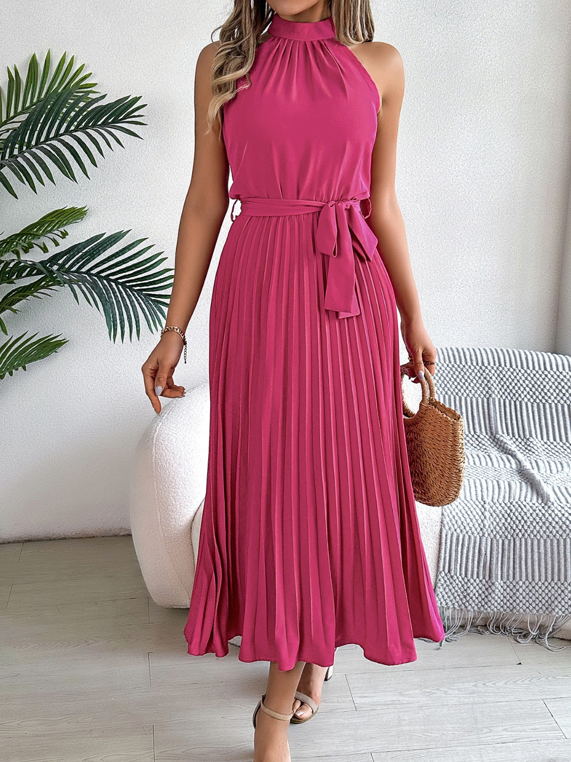 Halter Pleated Tie Waist Sleeveless Midi Dress