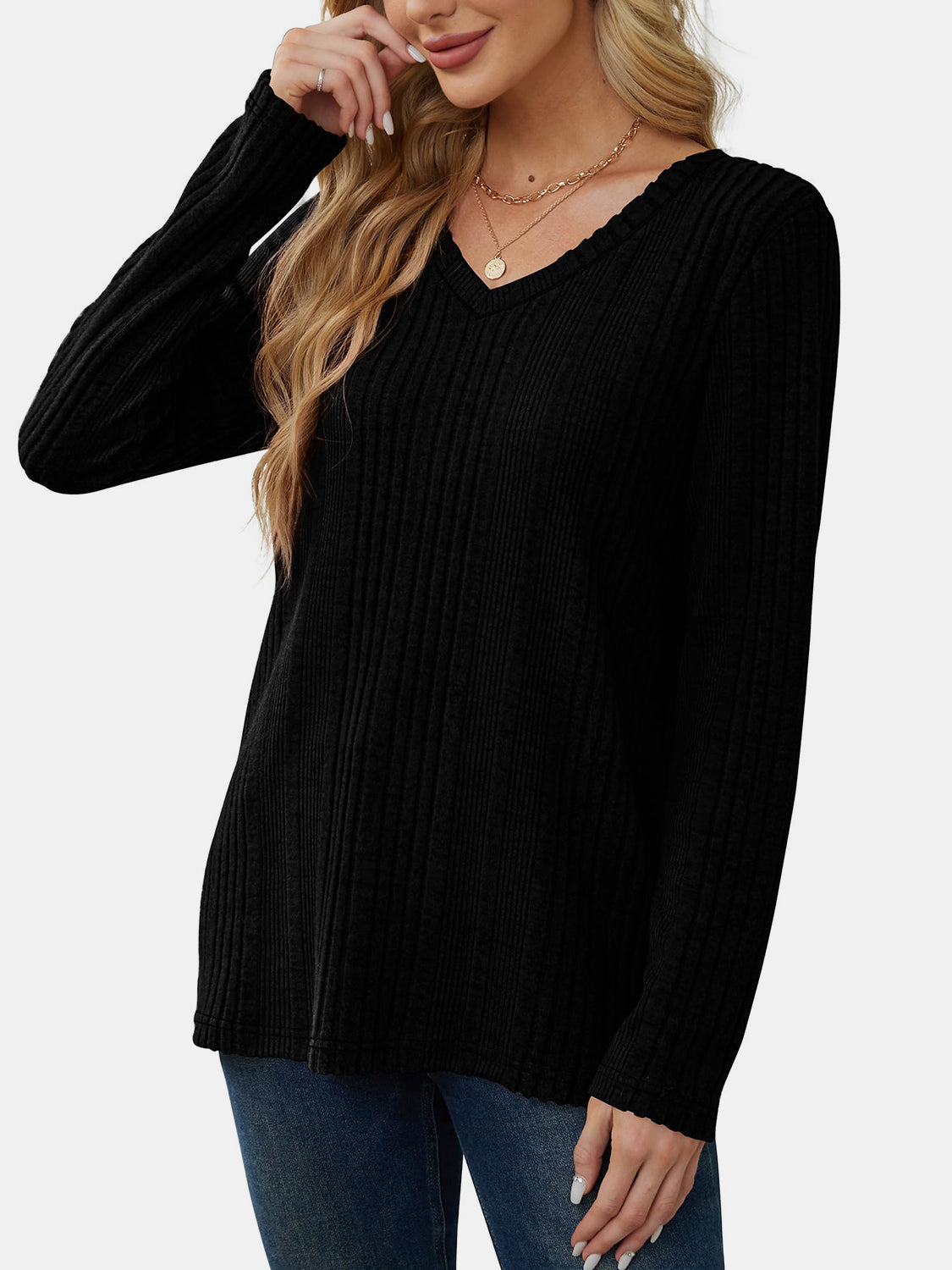 Vneck Long Sleeve Solid Shirt